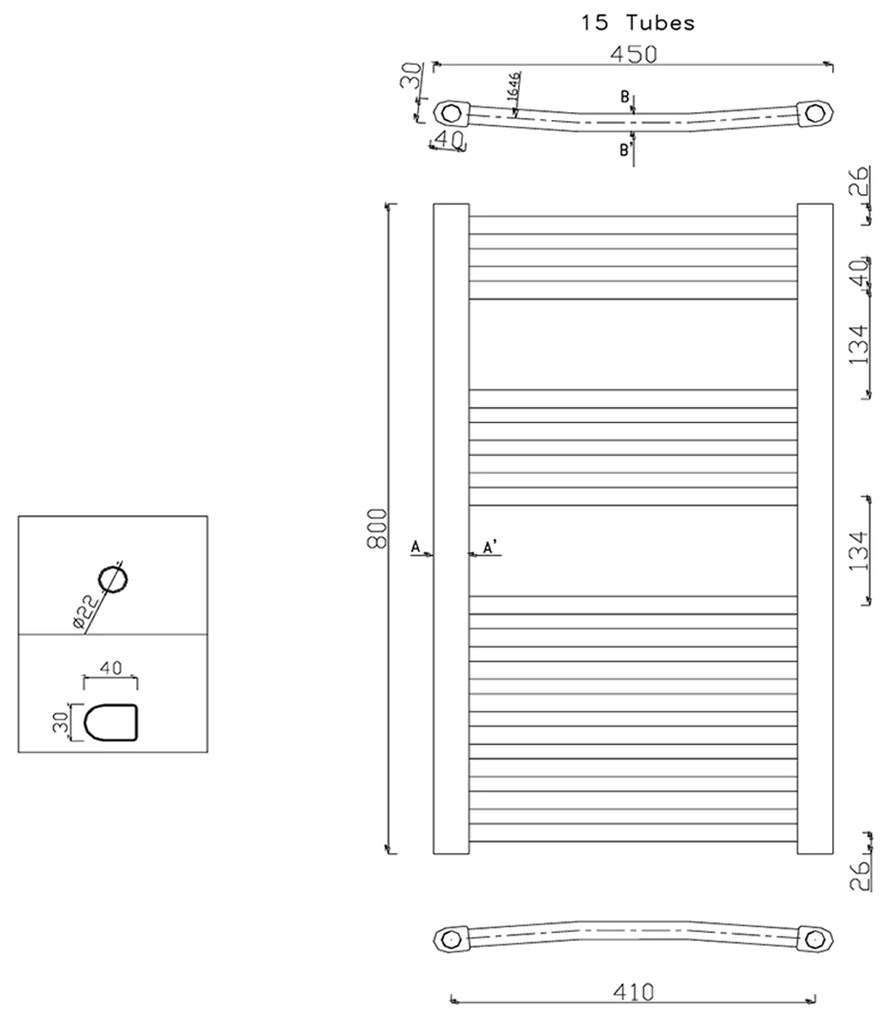 Aqualine, ALYA vykurovacie teleso oblé 450x800mm, 274W, chróm, 1110-01