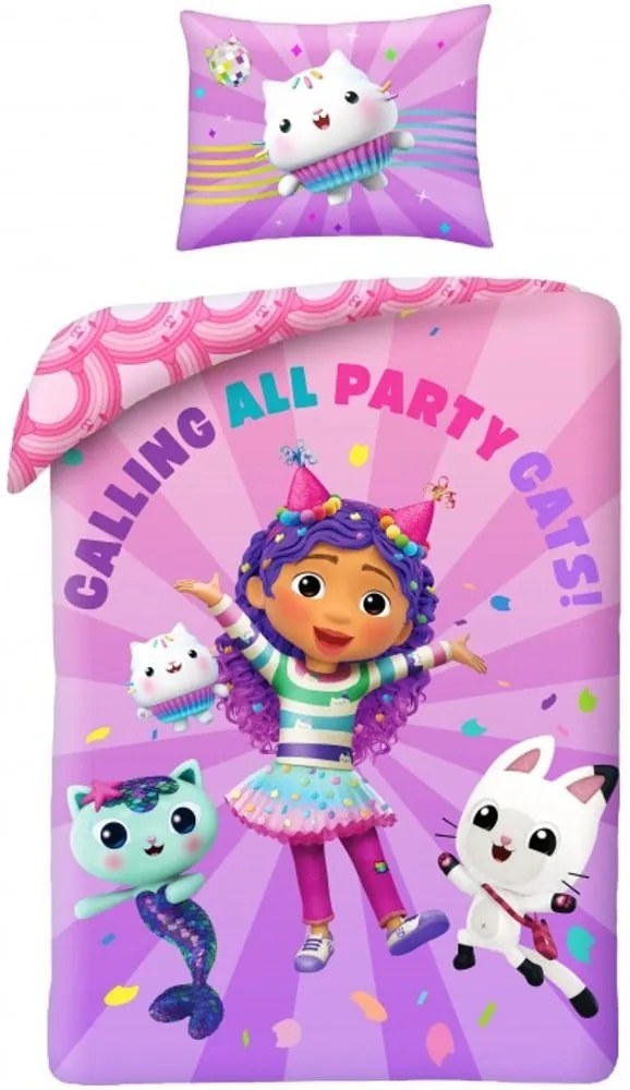 Posteľné obliečky z mikrovlákna Gábinin kúzelný domček – motív Calling all Party Cats! - 70 x 90 cm + 140 x 200 cm - zapínanie n
