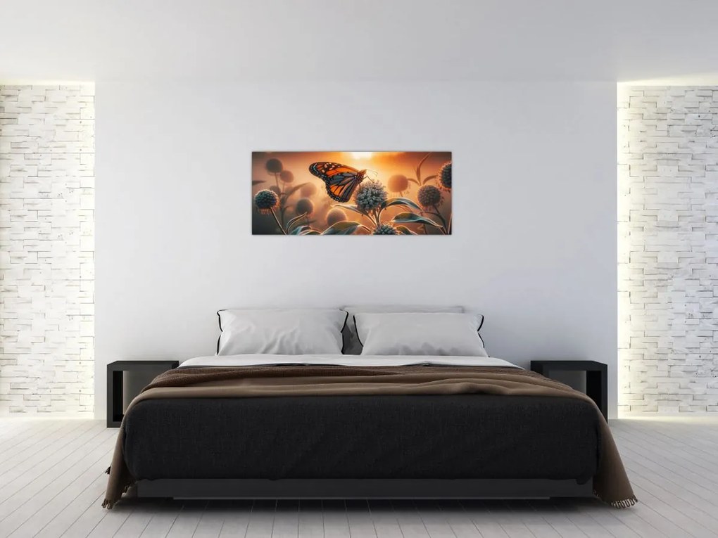 Obraz – Motýľ v zapadajúcom slnku (120x50 cm)