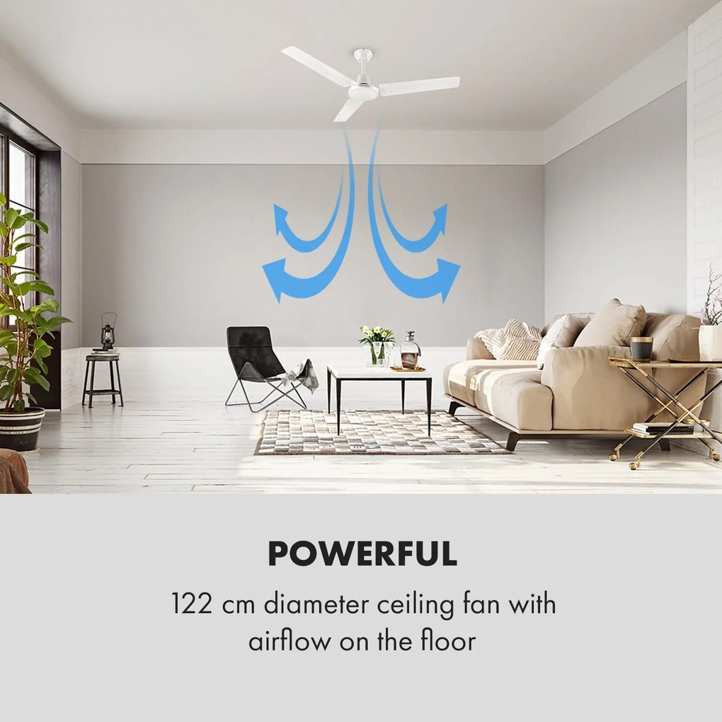 Klarstein Spin Doctor, stropný ventilátor, 55 W, 122 cm, 3 ramená, nehrdzavejúca oceľ, biely