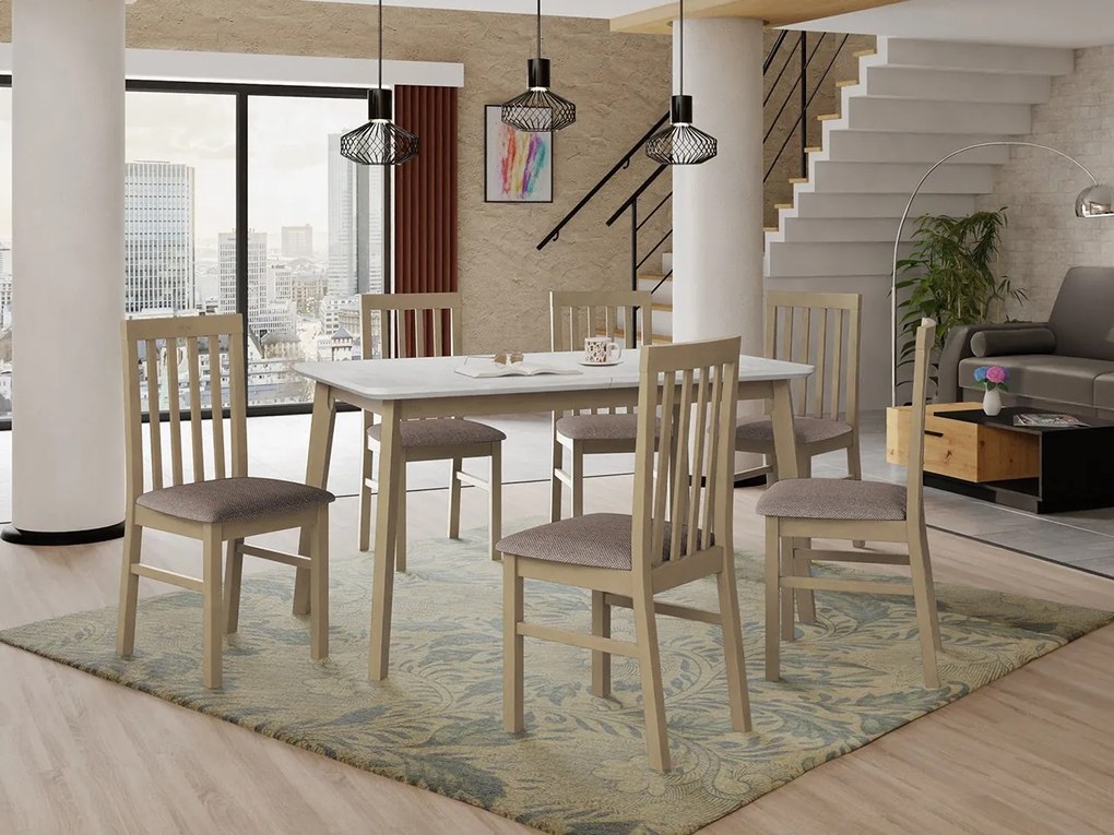 Rozkladací stôl so 6 stoličkami AL16, Morenie: biela, Poťahové látky: 25x - Paros 2, Farby nožičiek: sonoma
