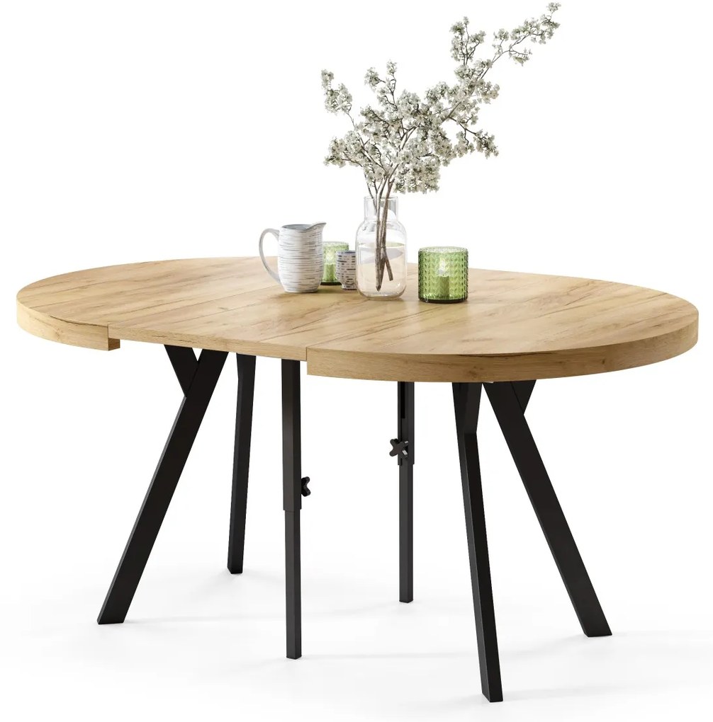 EXPANSO Dub Craft Zlatý / čierne nohy - VEĽKÝ OKRÚHLY STÔL Ø110 ROZKLADACÍ AŽ DO 310 cm S NOHAMI Y LOFTOVÝ / INDUSTRIÁLNY