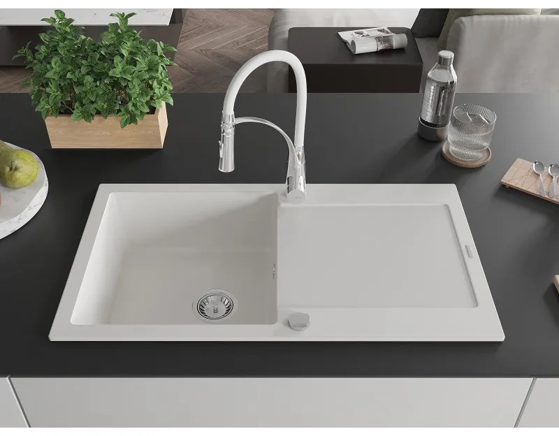 Mexen Leo, granitový drez 900x500x190 mm, 1-komorový a drezová batéria Aster, biela, 6501-20-73450-02
