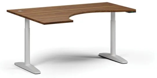 Výškovo nastaviteľný stôl OBOL, elektrický, 675-1325 mm, ergonomický ľavý, doska 1600x1200 mm, biela zaoblená podnož, orech