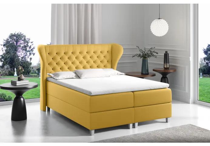 Boxspringová posteľ s prešívaným čelom 200x200 JUTTA - žltá + topper ZDARMA