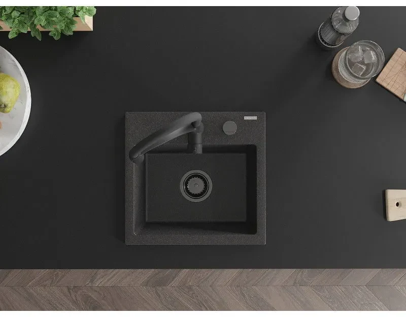Mexen Milo, 1-komorový granitový drez 435x410x171 mm a drezová batéria Aster, čierna škvrnitá, 6505-76-73450-70-B