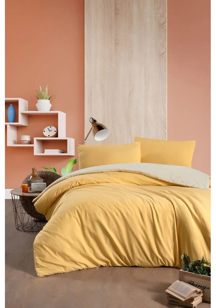 Žlto-krémové bavlnené obliečky na dvojlôžko/predĺžené s plachtou 200x220 cm - Mila Home