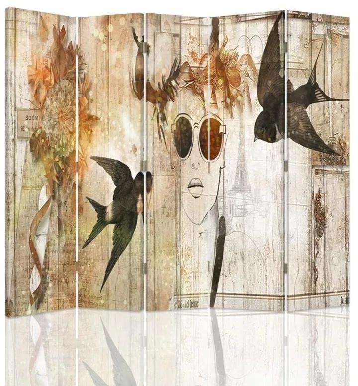 Ozdobný paraván Žena Ptáci Vintage - 180x170 cm, päťdielny, obojstranný paraván 360°