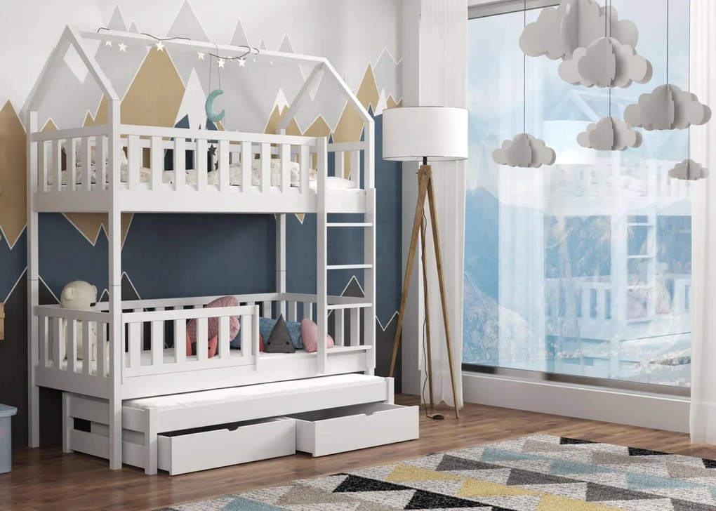 Detská domčeková poschodová posteľ z masívu borovice OTA s prístelkou a šuplíky - 200x90 cm - BIELA