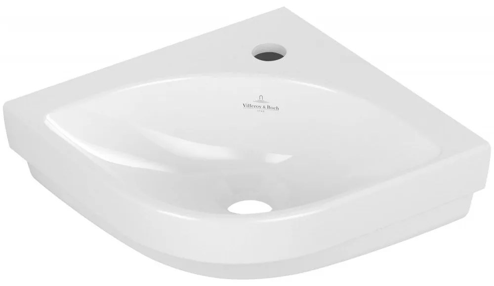 VILLEROY &amp; BOCH Subway 3.0 závesné rohové umývadielko s otvorom, s prepadom, 450 x 395 mm, biela alpská, s povrchom CeramicPlus, 437146R1