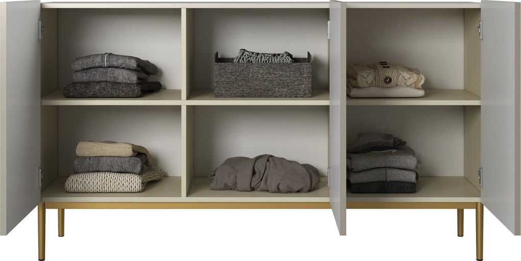 Komoda Nicole 150 cm trojdverová s ryhovaným čelom - kašmír / zlaté nohy