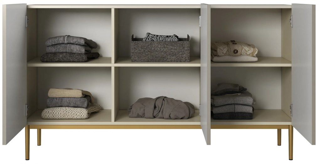 Komoda Nicole 150 cm trojdverová s ryhovanými dvierkami - kašmír / zlaté nožičky