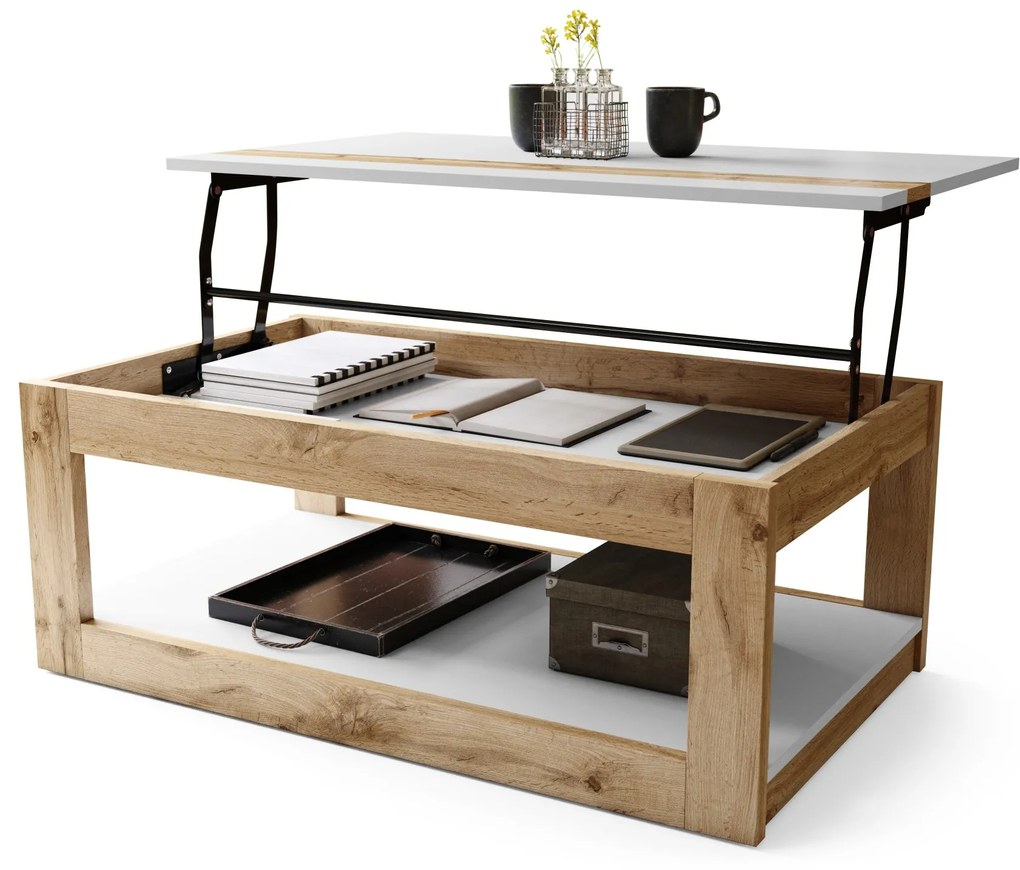 LUSSO Matná Biela/Dub Wotan - MODERNÝ STOLÍK SO ZDVÍHAVOU STOLOVOU DOSKOU + ÚLOŽNÝ PRIESTOR + POLICA (NA KOLESÁCH!)