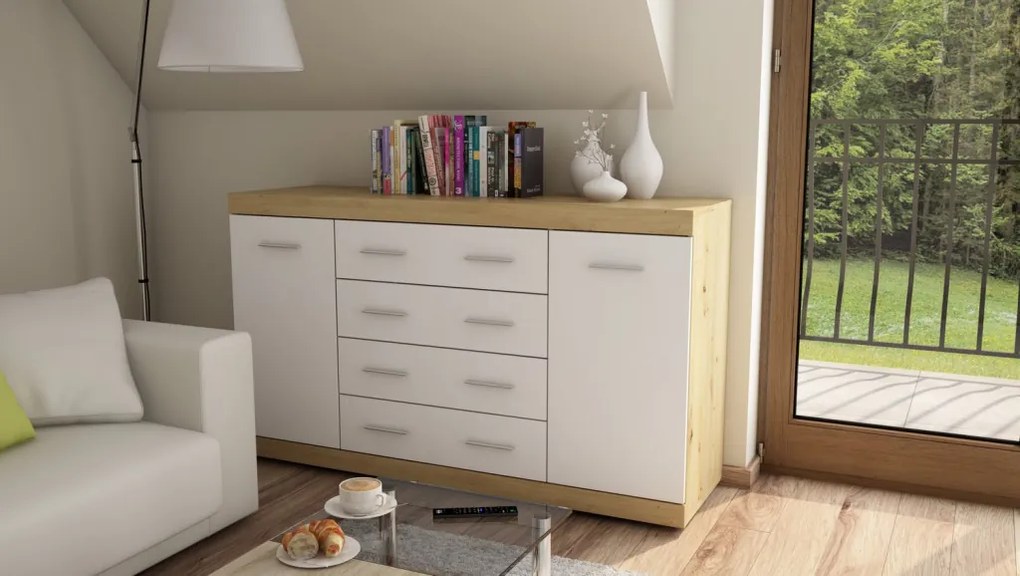 Komoda so zásuvkami Ares 150 cm, dub artisan/biela