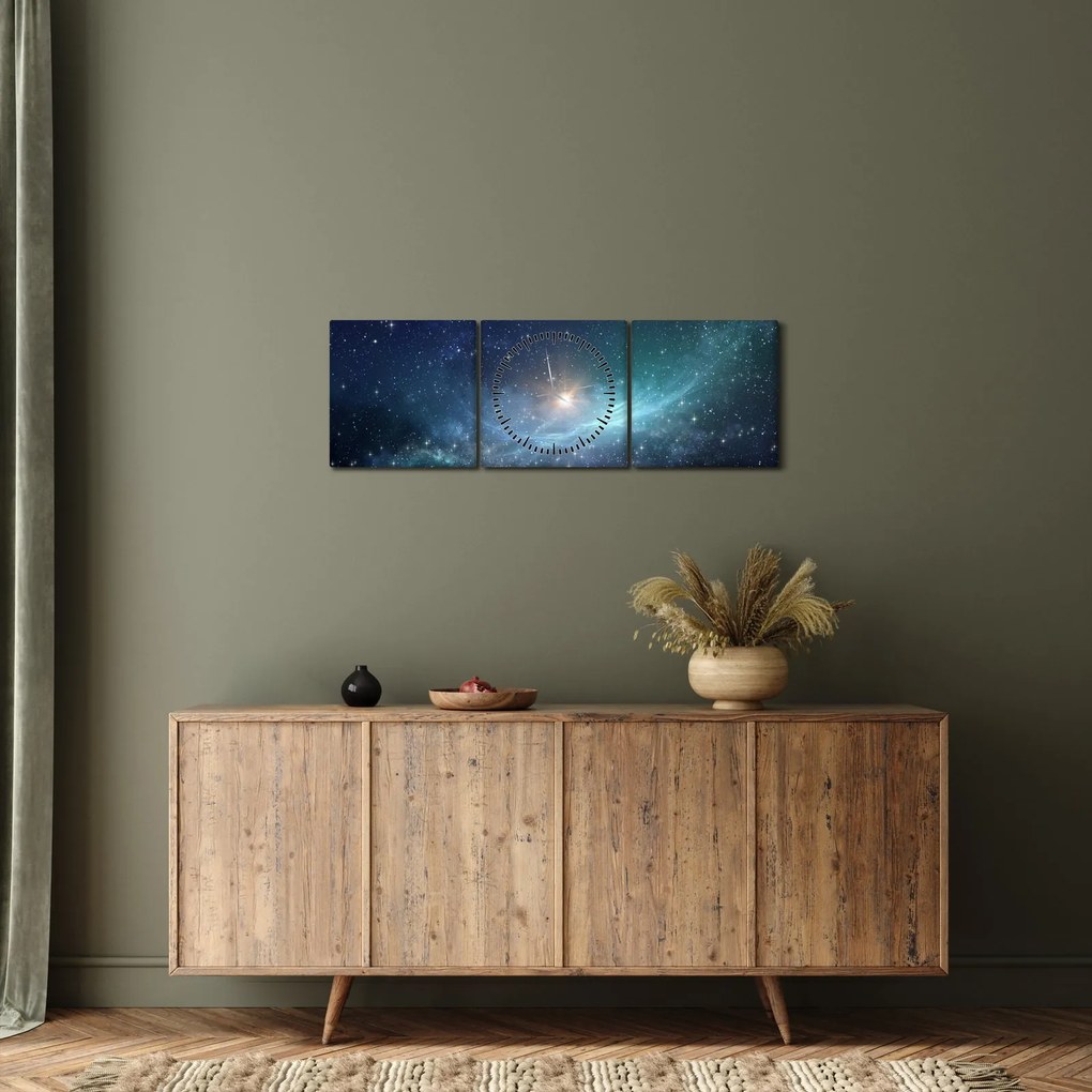 Obraz - Hviezdy a hmlovina (s hodinami) (90x30 cm)