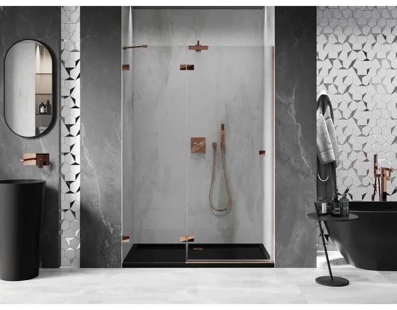 Mexen Lunar, ľavé výklopné sprchové dvere 130 cm, 8mm číre sklo, ružové zlato profil, 834-130-000-60-00-L