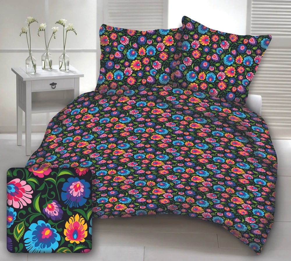 Obliečky bavlnené Folklór Black TiaHome - 1x Vankúš 90x70cm, 1x Paplón 140x220cm