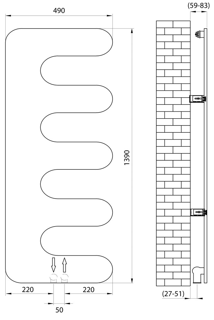 Sapho, EVOLLA vykurovacie teleso 490x1390 mm, čierna matná, MI1400