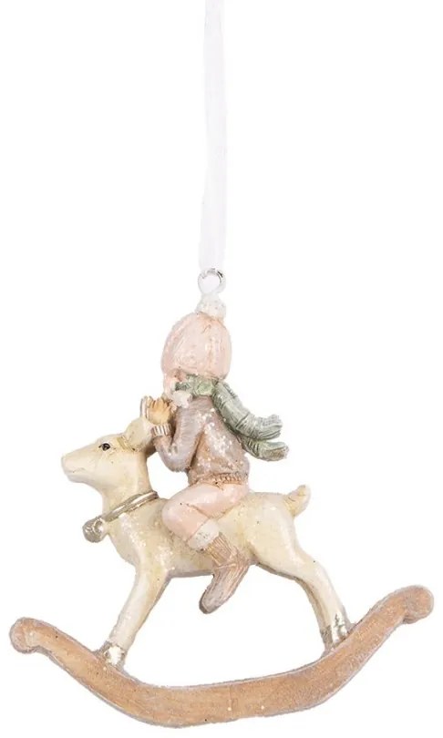 Béžovo-ružová závesná dekorácia dievčatko na hojdacom jelinku - 8*3*9 cm