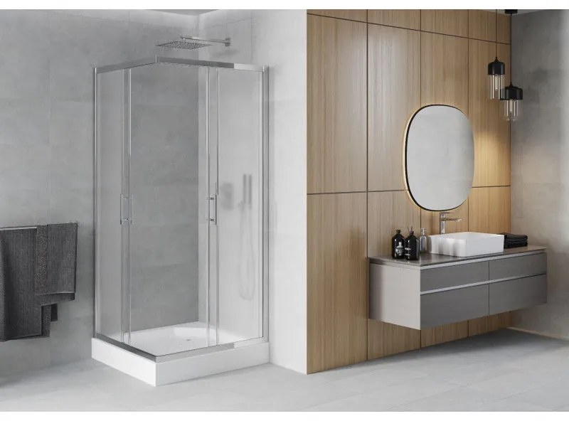 Mexen Rio, štvorcový sprchovací kút s posuvnými dverami 90(dvere) x 90(dvere) x 190 cm, 6mm sklo námraza, chrómový profil + biela sprchová vanička RIO, 860-090-090-01-30-4510