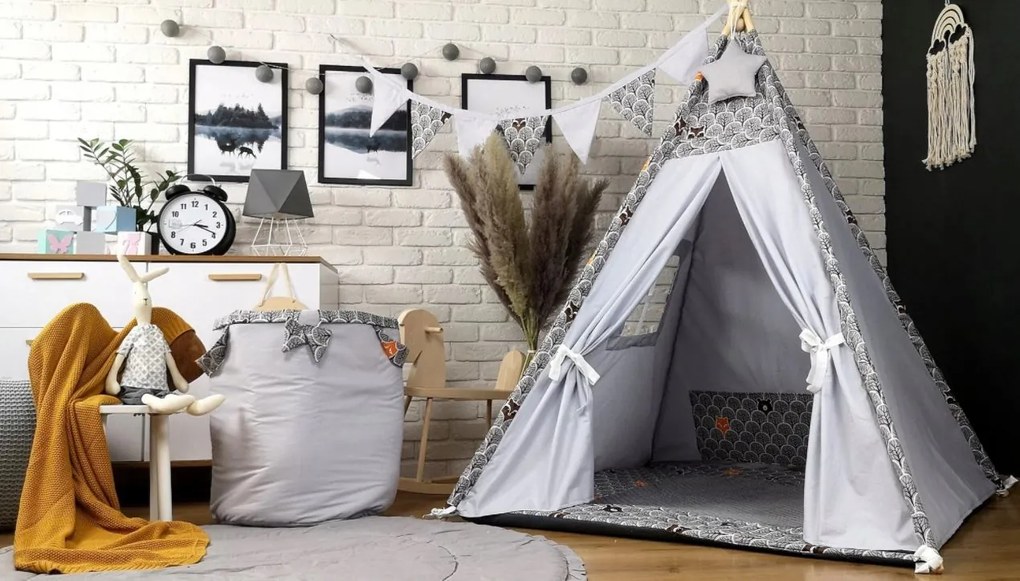Detský stan TEEPEE (TÍPÍ) LUXURY s doplnkami - ZVIERACIA PARTIČKA - sivý