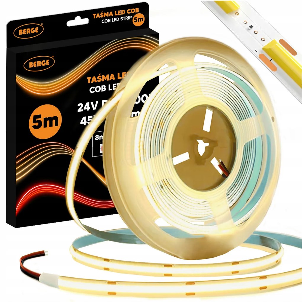 BERGE LED pásik COB Neon 24V - 480D - 9W/m - IP20 - 5m - 990lm - teplá farba