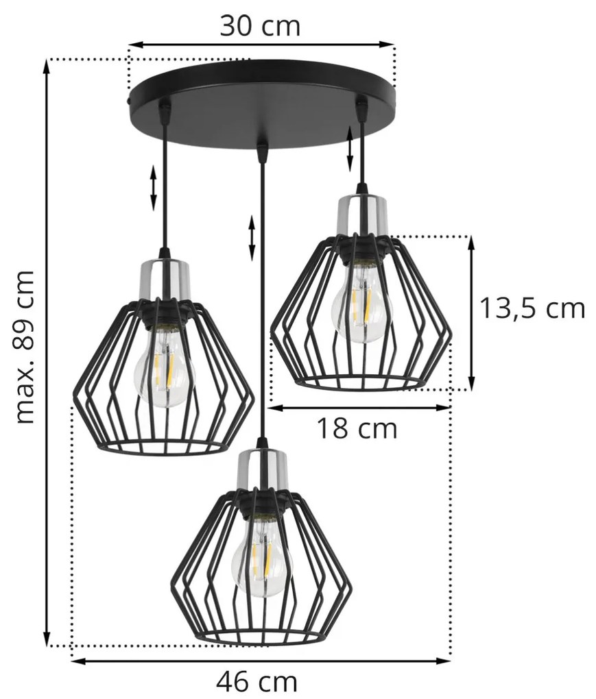 Závesné svietidlo NUVOLA 4, 3x čierne drôtené tienidlo, O, CH