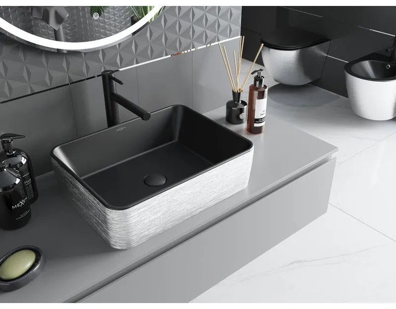 Mexen Catia, umývadlo na dosku 48x37x14 cm, čierna matná-strieborný vzor, 21314873