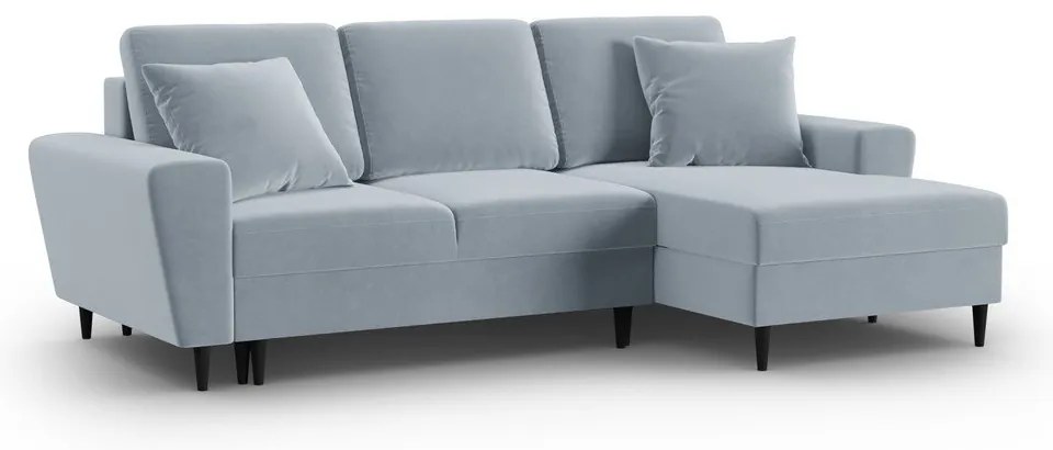 Svetlomodrá zamatová rozkladacia/s úložným priestorom rohová pohovka (pravý roh/s leňoškou) Kyoto – Cosmopolitan Design