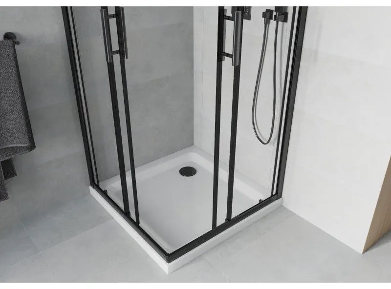Mexen Rio, štvorcový sprchovací kút s posuvnými dverami 90(dvere) x 90(dvere) x 190 cm, 6mm číre sklo námraza, čierny profil + biela sprchová vanička SLIM, 860-090-090-70-00-4010B