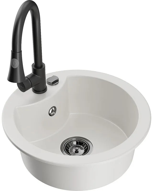 Mexen Diego, 1-komorový granitový drez 488x488x167 mm a drezová batéria Elia, biela, 6512-20-670101-70