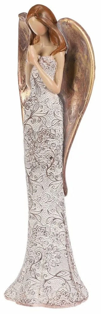 Polyresinový anjel s kvetinovými šatami, béžovo-medená