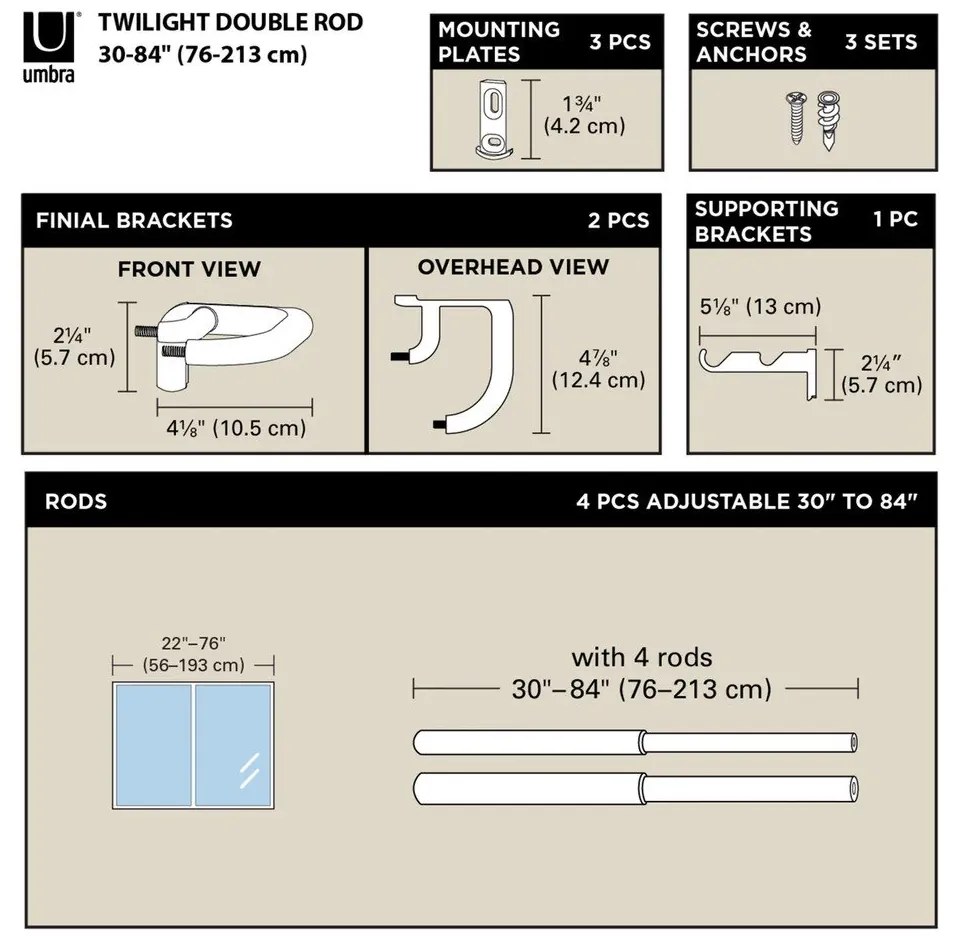 Oceľová roztiahnuteľná dvojitá garniža 167 - 365 cm Twilight – Umbra