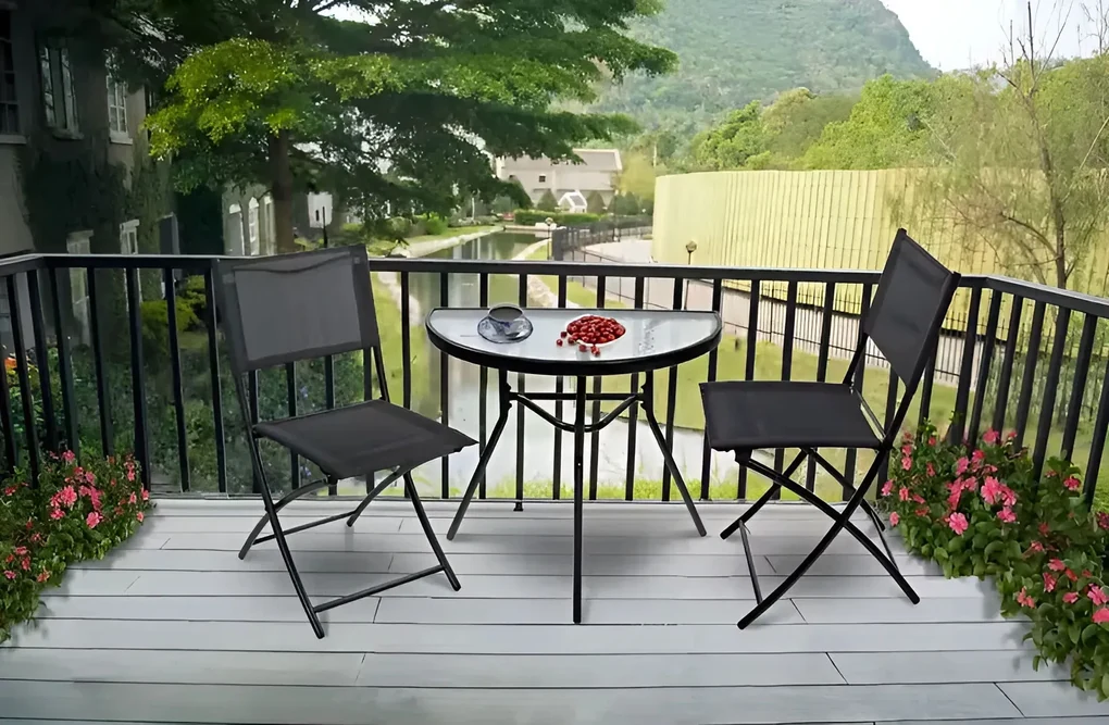 ModernHome Polkruhový sklenený konferenčný stolík na balkón, terasu, čierny