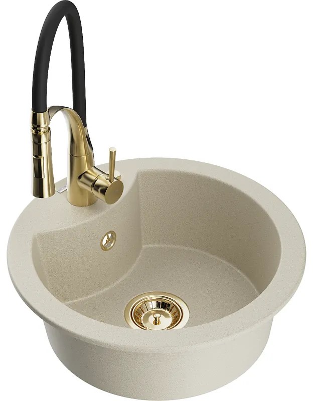 Mexen Diego, 1-komorový granitový drez 488x488x167 mm a drezová batéria Aster, béžová, 6512-69-73450-57-G