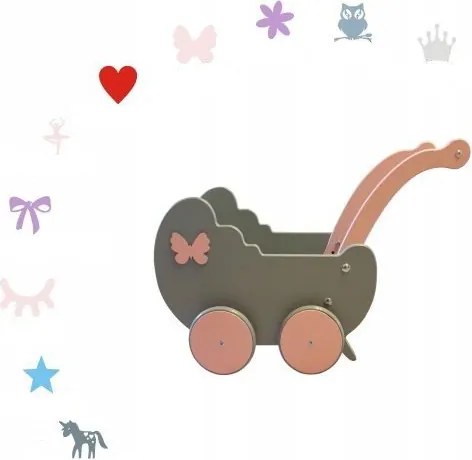 Drevený kočík pre bábiky s dekoráciou biela + drevo