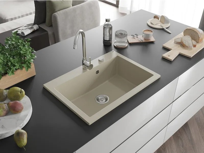 Mexen Elix granitový drez 1-komorový 700 x 500 mm, béžový, sifón chróm - 6526701005-69