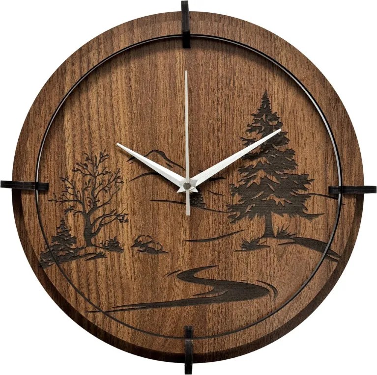 Drevené nástenné hodiny s motívom lesa – moderný dizajn | SENTOP HDF0588-ORECH-WENGE