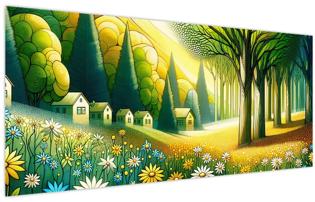 Obraz - Dedina v žlto-zelenej (120x50 cm)