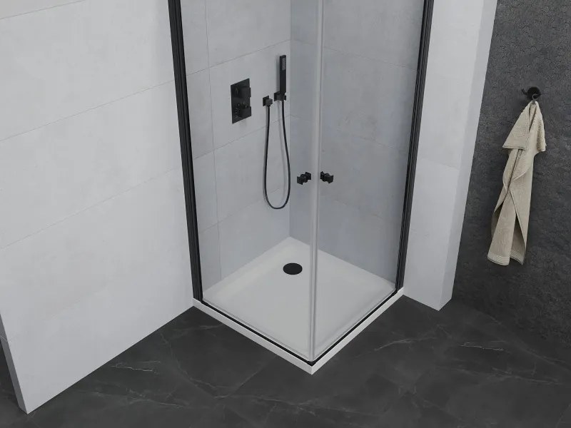 Mexen Pretoria Duo, sprchovací kút s 2-krídlovými dverami 70 (dvere) x 70 (dvere) cm, 6mm číre sklo, čierny profil + slim sprchová vanička 5cm biela s čiernym sifónom, 852-070-070-70-02-4010B