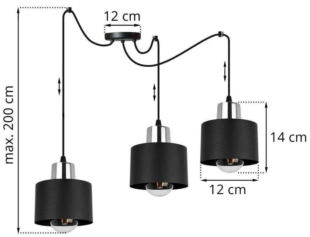 Závesné svietidlo PANTA SPIDER, 3x čierne kovové tienidlo, CH
