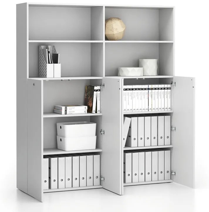 Dvojitá kancelárska policová skriňa 2-dverová SEGMENT, uzamykateľná, 8 políc, biela