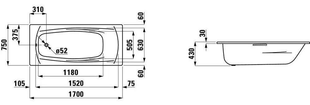 LAUFEN Palladium Oceľová vaňa, 1700 mm x 750 mm, biela H2251100000401