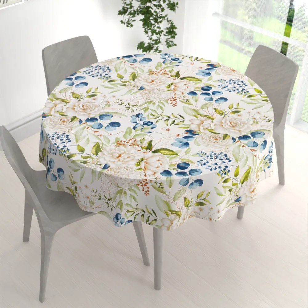 Biante Bavlnený okrúhly obrus Sandra SA-668 Kvety a modro-zelené listy na bielom Ø 50 cm