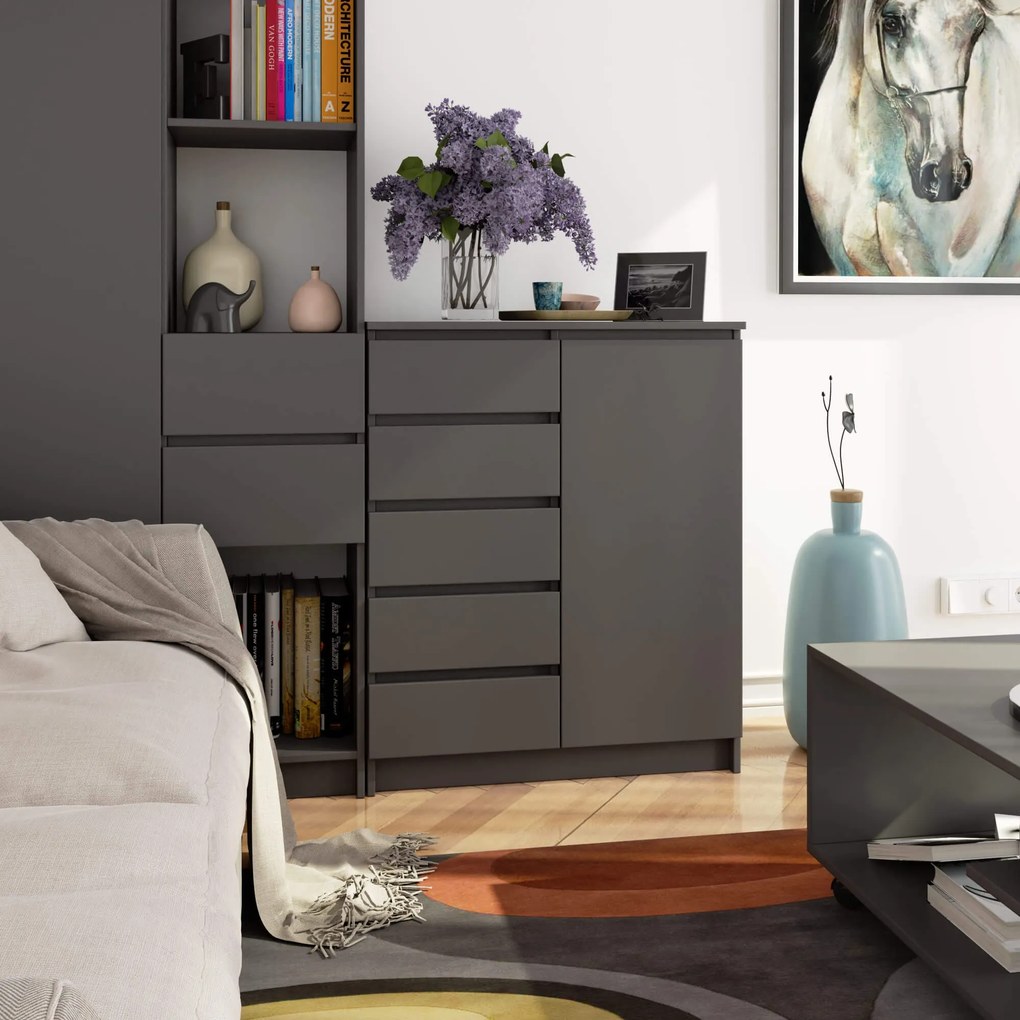 Komoda JERRY 80 cm 1 dveře 5 zásuvek antracitově šedá
