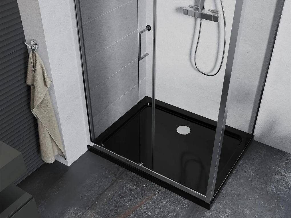 Mexen Apia sprchovací kút s posuvnými dverami 140 (dvere) x 100 (stena) cm, 5mm číre sklo, chrómový profil + čierna sprchová vanička s chrómovým sifónom, 840-140-100-01-00-4070