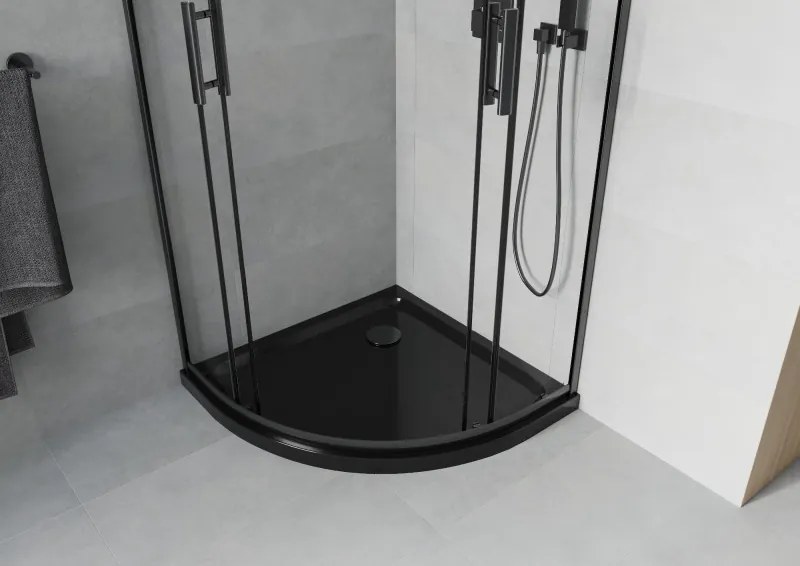 Mexen Rio, štvrťkruhový sprchový kút 90 x 90 cm, 6mm číre sklo, čierny profil + čierna sprchová vanička, 863-090-090-70-00-4170B