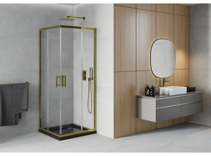 Mexen Rio, štvorcový sprchovací kút s posuvnými dverami 90(dvere) x 90(dvere) x 190 cm, 6mm číre sklo, zlatý profil + čierna sprchová vanička SLIM, 860-090-090-50-00-4070G