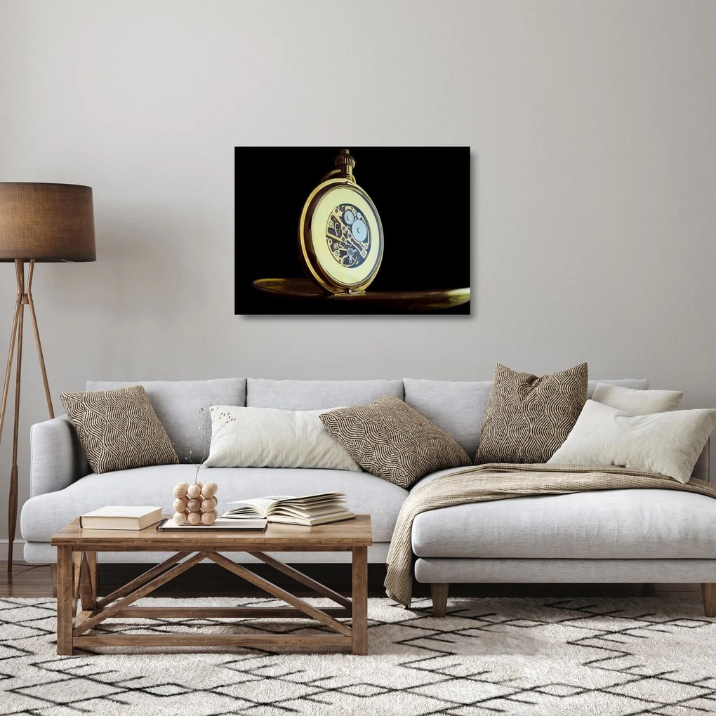 Sklenený obraz zlatých vreckových hodiniek (70x50 cm)