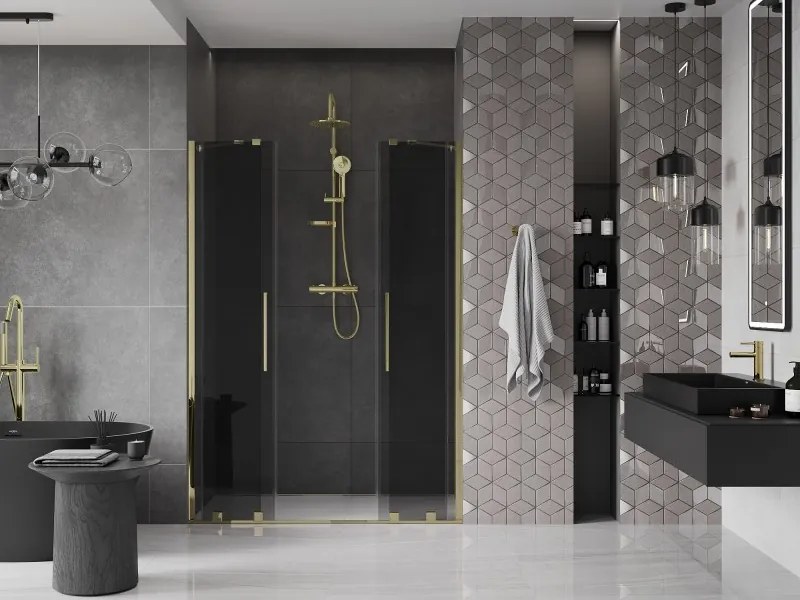 Mexen Velar Duo, posuvné sprchové dvere do otvoru 140 cm, 8mm šedé sklo, zlatá lesklá, 871-140-000-42-50
